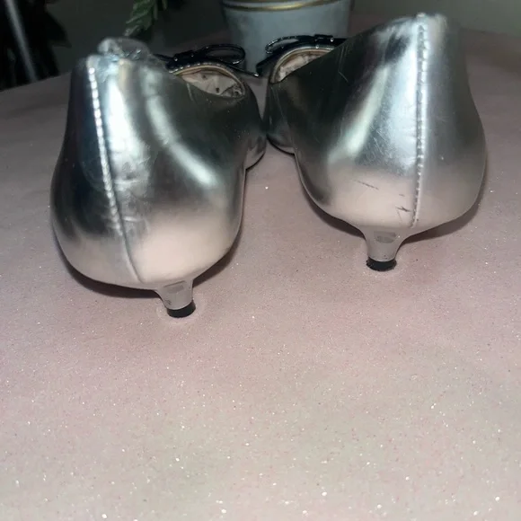 Prada patten silver leather kitten heels with black leather bow size 6.5 US - Picture 6 of 14